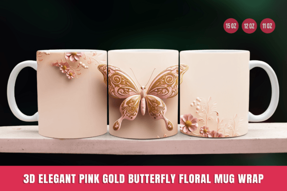 Transform Your Mug with the 3D Pink Gold Butterfly Floral Mug Wrap